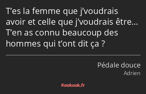 T’es la femme que j’voudrais avoir et celle que j’voudrais être… T’en as connu beaucoup des hommes…