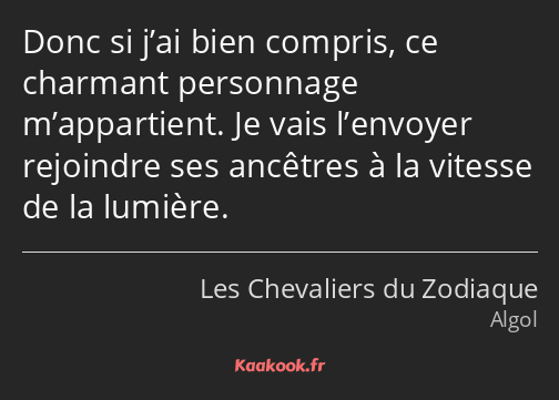 Donc si j’ai bien compris, ce charmant personnage m’appartient. Je vais l’envoyer rejoindre ses…