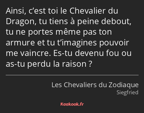 Ainsi, c’est toi le Chevalier du Dragon, tu tiens à peine debout, tu ne portes même pas ton armure…