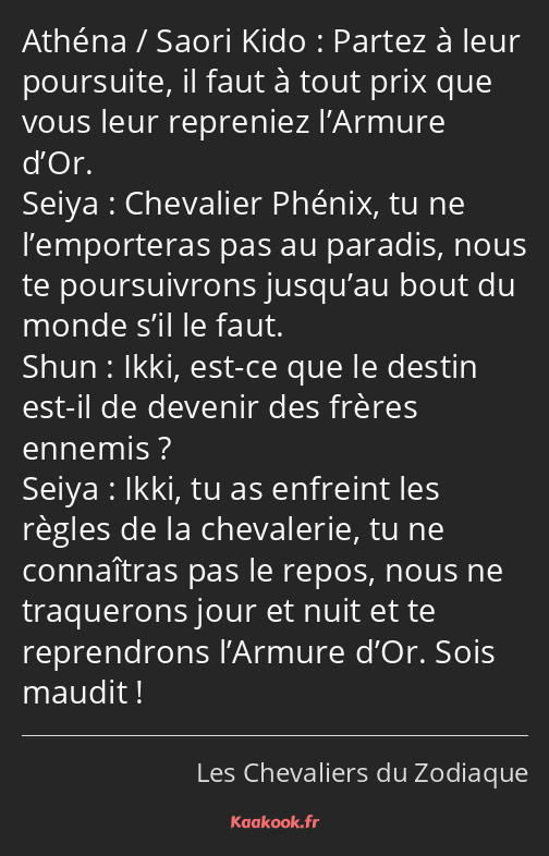 Partez à leur poursuite, il faut à tout prix que vous leur repreniez l’Armure d’Or. Chevalier…