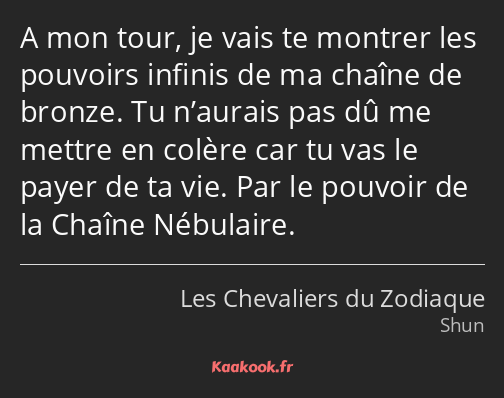 A mon tour, je vais te montrer les pouvoirs infinis de ma chaîne de bronze. Tu n’aurais pas dû me…