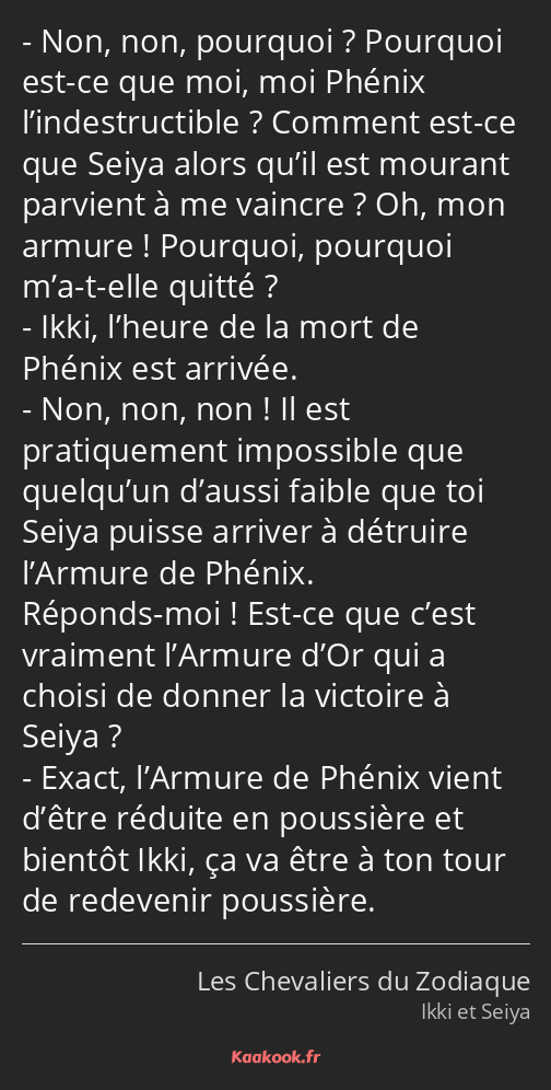 Non, non, pourquoi ? Pourquoi est-ce que moi, moi Phénix l’indestructible ? Comment est-ce que…