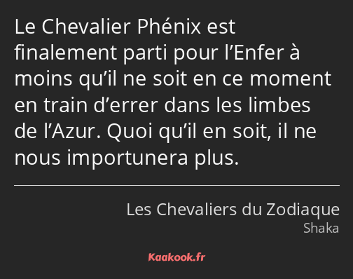 Le Chevalier Phénix est finalement parti pour l’Enfer à moins qu’il ne soit en ce moment en train…