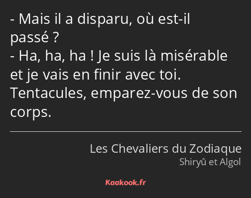 Mais il a disparu, où est-il passé ? Ha, ha, ha ! Je suis là misérable et je vais en finir avec toi…
