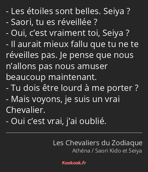 Les étoiles sont belles. Seiya ? Saori, tu es réveillée ? Oui, c’est vraiment toi, Seiya ? Il…