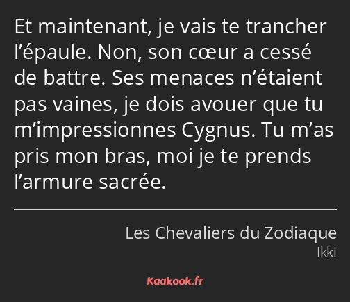 Et maintenant, je vais te trancher l’épaule. Non, son cœur a cessé de battre. Ses menaces n’étaient…