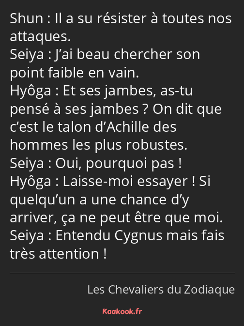 Il a su résister à toutes nos attaques. J’ai beau chercher son point faible en vain. Et ses jambes…
