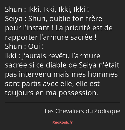 Ikki, Ikki, Ikki, Ikki ! Shun, oublie ton frère pour l’instant ! La priorité est de rapporter…