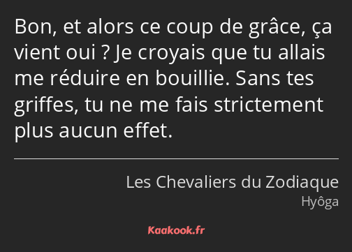 Bon, et alors ce coup de grâce, ça vient oui ? Je croyais que tu allais me réduire en bouillie…