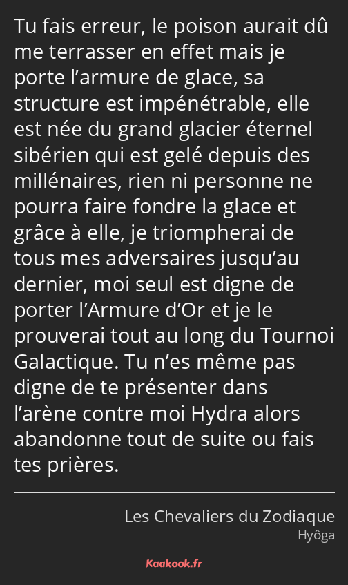 Tu fais erreur, le poison aurait dû me terrasser en effet mais je porte l’armure de glace, sa…