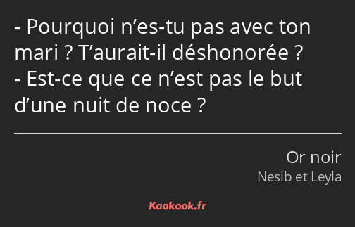 Pourquoi n’es-tu pas avec ton mari ? T’aurait-il déshonorée ? Est-ce que ce n’est pas le but d’une…