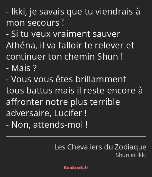 Ikki, je savais que tu viendrais à mon secours ! Si tu veux vraiment sauver Athéna, il va falloir…
