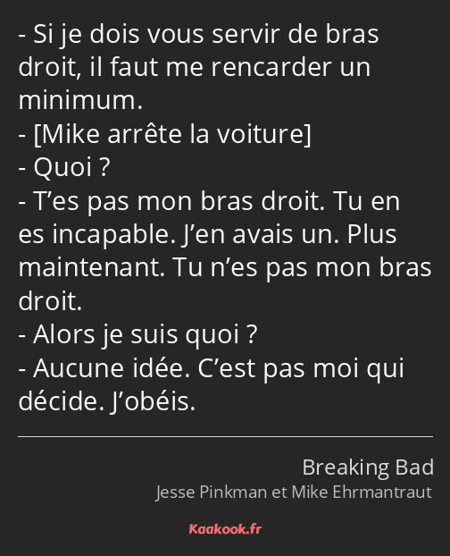 Si je dois vous servir de bras droit, il faut me rencarder un minimum. Quoi ? T’es pas mon bras…