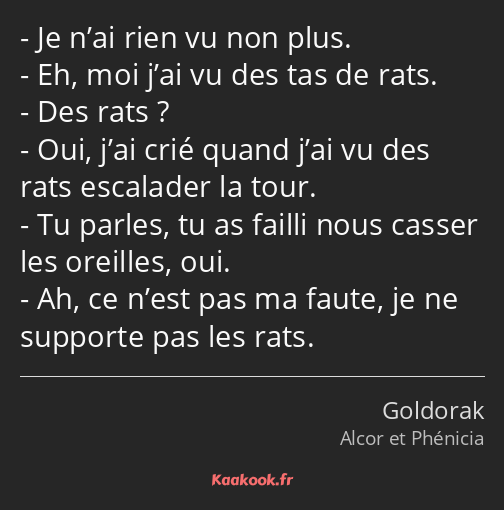 Je n’ai rien vu non plus. Eh, moi j’ai vu des tas de rats. Des rats ? Oui, j’ai crié quand j’ai vu…
