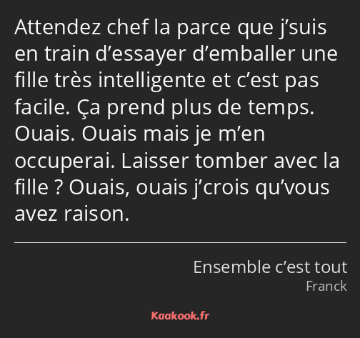 Attendez chef la parce que j’suis en train d’essayer d’emballer une fille très intelligente et…