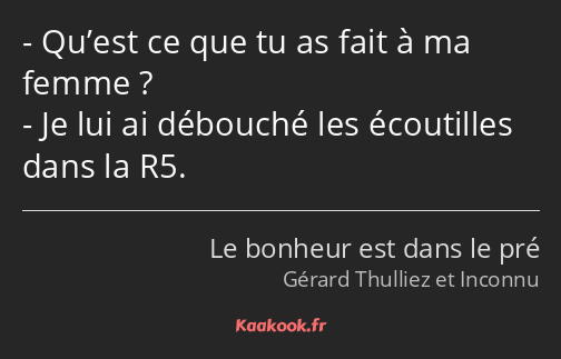 Qu’est ce que tu as fait à ma femme ? Je lui ai débouché les écoutilles dans la R5.