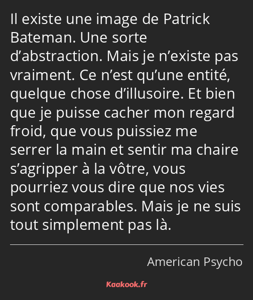 Il existe une image de Patrick Bateman. Une sorte d’abstraction. Mais je n’existe pas vraiment. Ce…