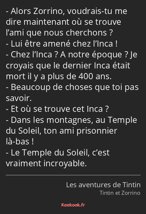 Alors Zorrino, voudrais-tu me dire maintenant où se trouve l’ami que nous cherchons ? Lui être…