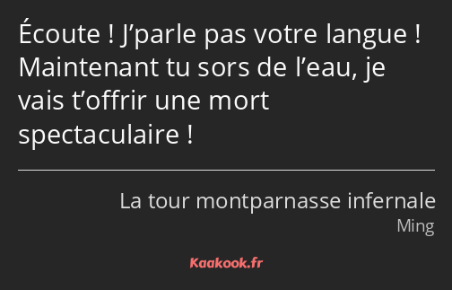 Écoute ! J’parle pas votre langue ! Maintenant tu sors de l’eau, je vais t’offrir une mort…