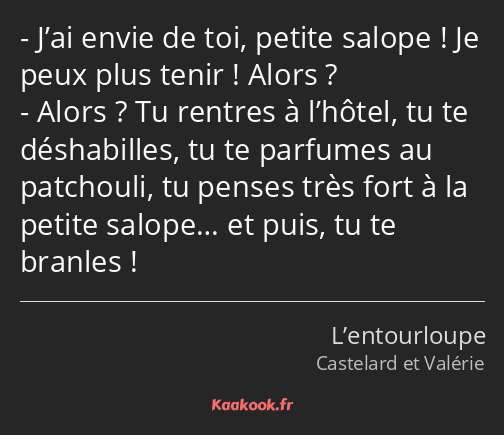 J’ai envie de toi, petite salope ! Je peux plus tenir ! Alors ? Alors ? Tu rentres à l’hôtel, tu te…