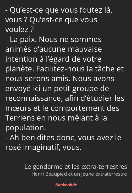 Qu’est-ce que vous foutez là, vous ? Qu’est-ce que vous voulez ? La paix. Nous ne sommes animés…
