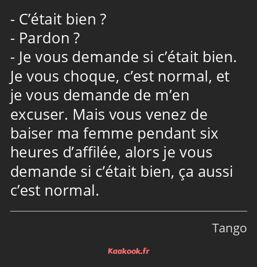 C’était bien ? Pardon ? Je vous demande si c’était bien. Je vous choque, c’est normal, et je vous…