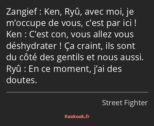 Ken, Ryû, avec moi, je m’occupe de vous, c’est par ici ! C’est con, vous allez vous déshydrater…