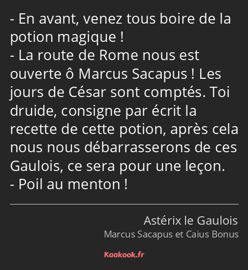 En avant, venez tous boire de la potion magique ! La route de Rome nous est ouverte ô Marcus…