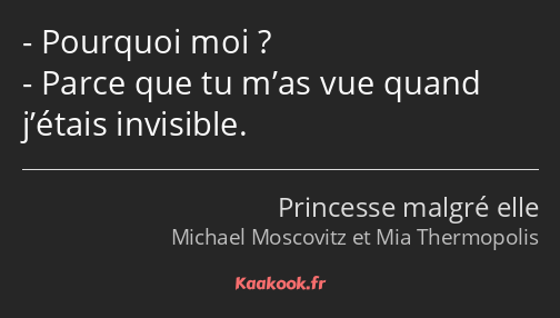 Pourquoi moi ? Parce que tu m’as vue quand j’étais invisible.