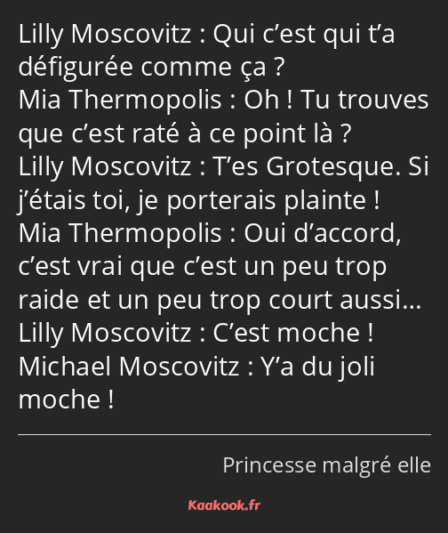 Qui c’est qui t’a défigurée comme ça ? Oh ! Tu trouves que c’est raté à ce point là ? T’es…