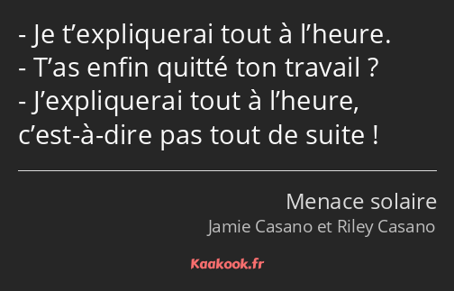 Je t’expliquerai tout à l’heure. T’as enfin quitté ton travail ? J’expliquerai tout à l’heure…