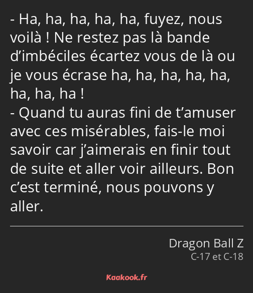 Ha, ha, ha, ha, ha, fuyez, nous voilà ! Ne restez pas là bande d’imbéciles écartez vous de là ou je…