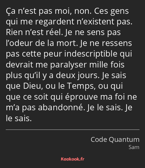Ça n’est pas moi, non. Ces gens qui me regardent n’existent pas. Rien n’est réel. Je ne sens pas…