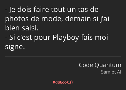 Je dois faire tout un tas de photos de mode, demain si j’ai bien saisi. Si c’est pour Playboy fais…