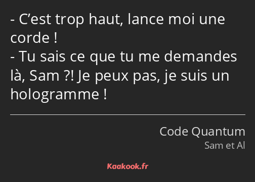 C’est trop haut, lance moi une corde ! Tu sais ce que tu me demandes là, Sam ?! Je peux pas, je…