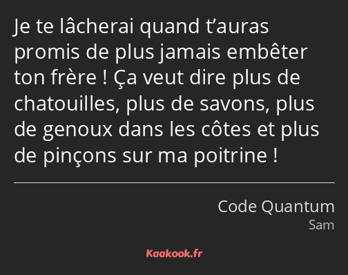 Je te lâcherai quand t’auras promis de plus jamais embêter ton frère ! Ça veut dire plus de…