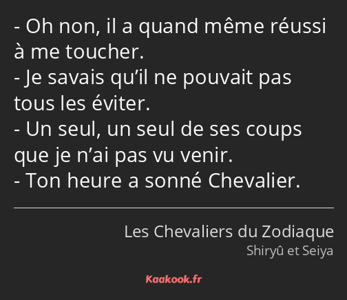 Oh non, il a quand même réussi à me toucher. Je savais qu’il ne pouvait pas tous les éviter. Un…