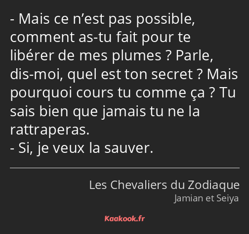 Mais ce n’est pas possible, comment as-tu fait pour te libérer de mes plumes ? Parle, dis-moi, quel…