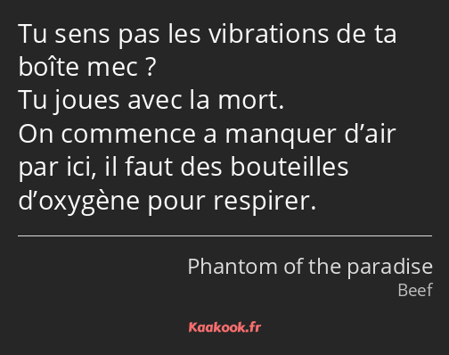 Tu sens pas les vibrations de ta boîte mec ? Tu joues avec la mort. On commence a manquer d’air par…