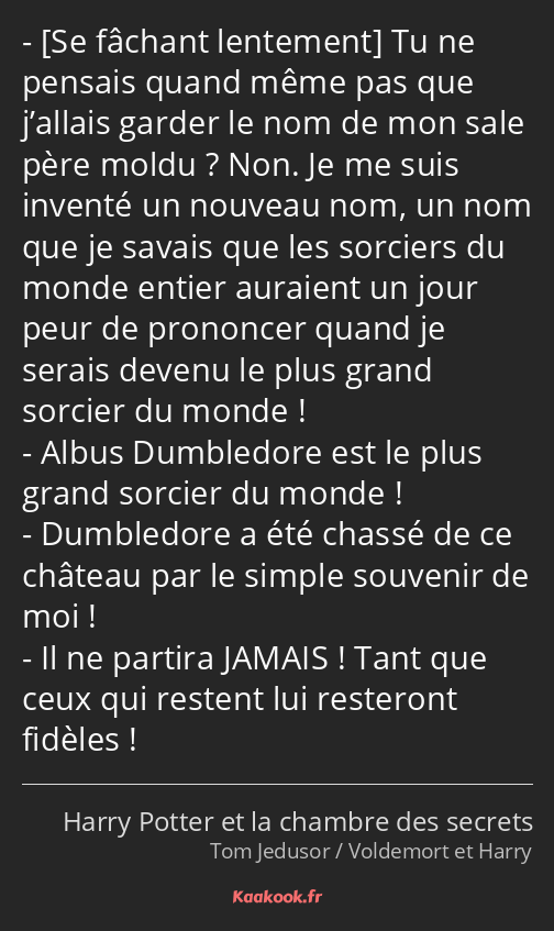  Tu ne pensais quand même pas que j’allais garder le nom de mon sale père moldu ? Non. Je me suis…