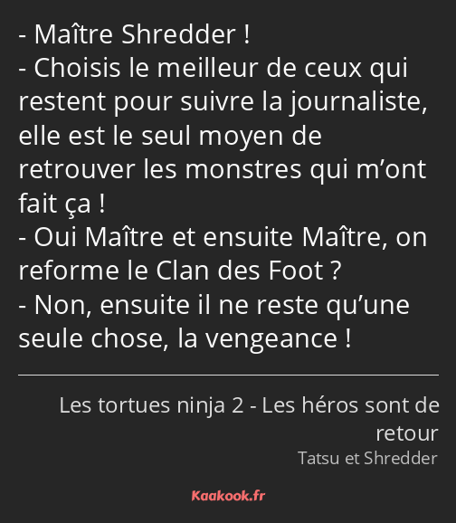 Maître Shredder ! Choisis le meilleur de ceux qui restent pour suivre la journaliste, elle est le…