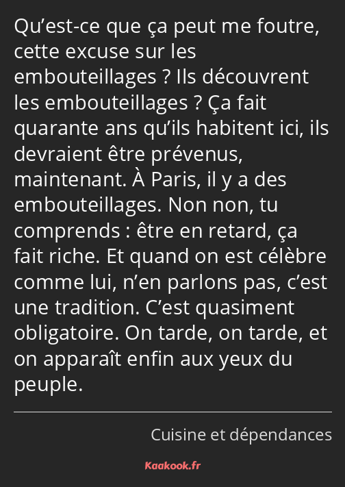 Qu’est-ce que ça peut me foutre, cette excuse sur les embouteillages ? Ils découvrent les…