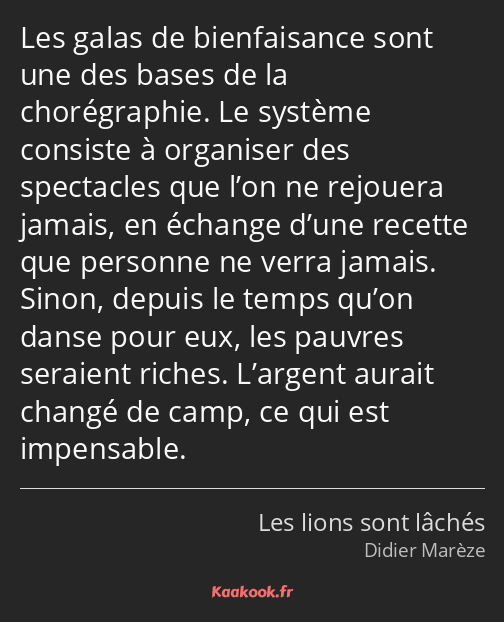 Les galas de bienfaisance sont une des bases de la chorégraphie. Le système consiste à organiser…
