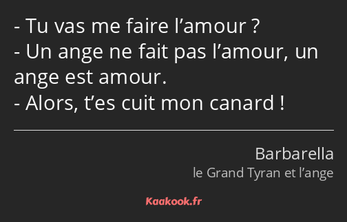 Tu vas me faire l’amour ? Un ange ne fait pas l’amour, un ange est amour. Alors, t’es cuit mon…