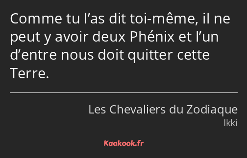 Comme tu l’as dit toi-même, il ne peut y avoir deux Phénix et l’un d’entre nous doit quitter cette…