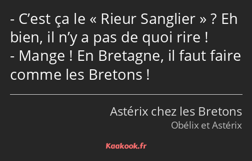 C’est ça le Rieur Sanglier ? Eh bien, il n’y a pas de quoi rire ! Mange ! En Bretagne, il faut…