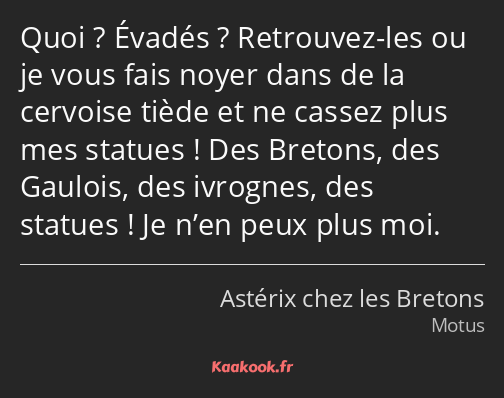 Quoi ? Évadés ? Retrouvez-les ou je vous fais noyer dans de la cervoise tiède et ne cassez plus mes…