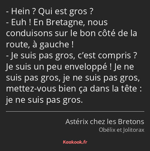Hein ? Qui est gros ? Euh ! En Bretagne, nous conduisons sur le bon côté de la route, à gauche ! Je…
