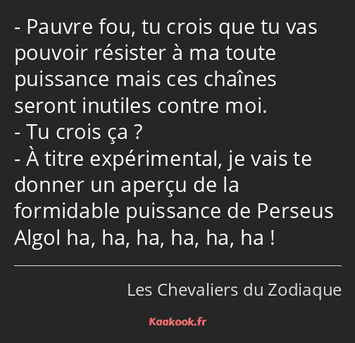 Pauvre fou, tu crois que tu vas pouvoir résister à ma toute puissance mais ces chaînes seront…