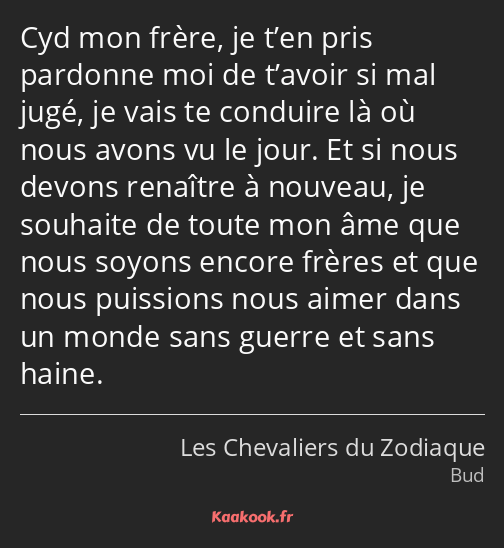 Cyd mon frère, je t’en pris pardonne moi de t’avoir si mal jugé, je vais te conduire là où nous…